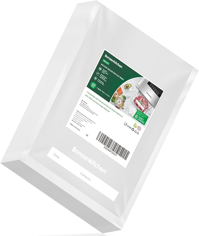 Bonsenkitchen Precut Vacuum Bags 100 Quart 8" x 12", BPA Free, Commercial Grade Textured Food Sealer Bag, Thick Embossed Bags for Storage and Sous Vide Cooking VB3205