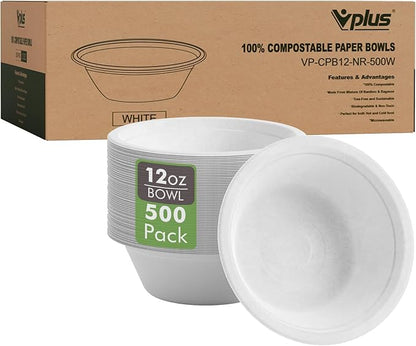 Vplus 500 Pack 12 OZ Paper Bowls Bulk, Disposable Compostable, Eco-friendly Bagasse, Heavy-duty Bowls Perfect for Milk Cereals, Snacks, Salads