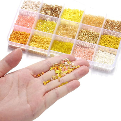 15 Color 4mm Small Assorted Glass Seed Beads,3mm Bugle Beads Friendship Bracelet Kit,2mm Tiny Tube Bead for Jewelry Making(Yellow)