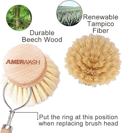 AMERWASH PLUS Classic Dish Brush Replacement Head 3 Packs, Natural Bristle