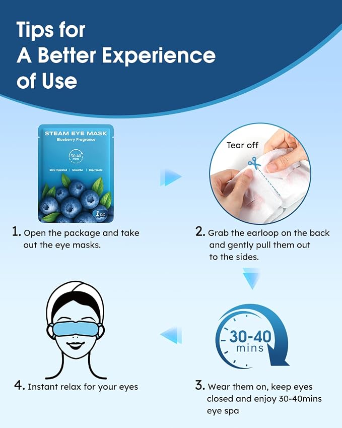 20 Packs Steam Eye Masks for Dry Eyes, Warm Compress Relief for Eye Fatigue & Puffiness, Sleep Heated Eye Mask, Disposable Travel Essentials, Spa Relaxation Gift Women, Party Favors Adults, Blueberry