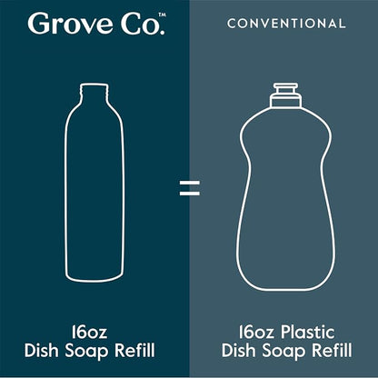 Grove Co. Dish Soap, 3 x 16 fl oz Refills + Refillable Glass Dispenser | Orange & Rosemary; Plastic-Free; Reusable dispenser; Refill format; Removes Stuck on Food; 98% plant-based ingredients