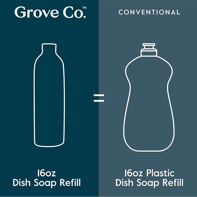 Grove Co. Dish Soap, 3 x 16 fl oz Refills, Lemon & Eucalyptus | Plastic-Free; Refill format; Natural Fragrance; Removes Stuck on Food; 98% plant-based ingredients