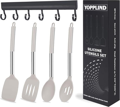 5-Piece Silicone Kitchen Tool Set, BPA-Free, Heat-Resistant, Non-Stick & Dishwasher-Safe, with Slotted/Solid Spoons & Spatulas for Frying, Mixing, Draining – Includes Multi-Purpose Serving Hook(Khaki)