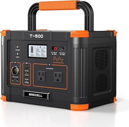 500W Portable Power Station, GRECELL Solar Generator 519Wh (Peak 1000W) Lithium Battery Power Generator with 2*110V AC Outlets, Mobile Battery Backup Pack for RV Trip Camping, Outdoor Adventure, Home