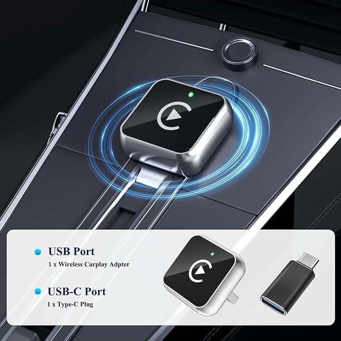2 in 1 CarPlay Adapter for VW Crafter Van Minibus, CarPlay Wireless Adapter with Auto Reconnect Fast Pairing Bluetooth Connection Compact USB Dongle,A/Silver-Normal