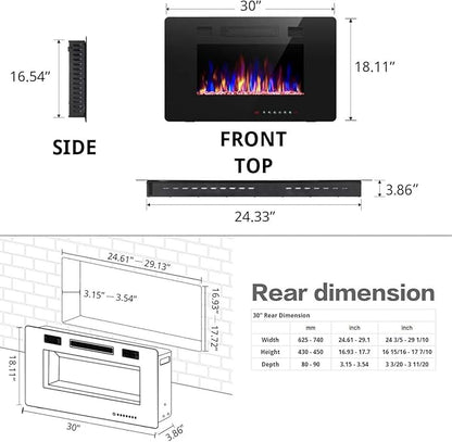 R.W.FLAME 30 inch Recessed and Wall Mounted Electric Fireplace, Low Noise