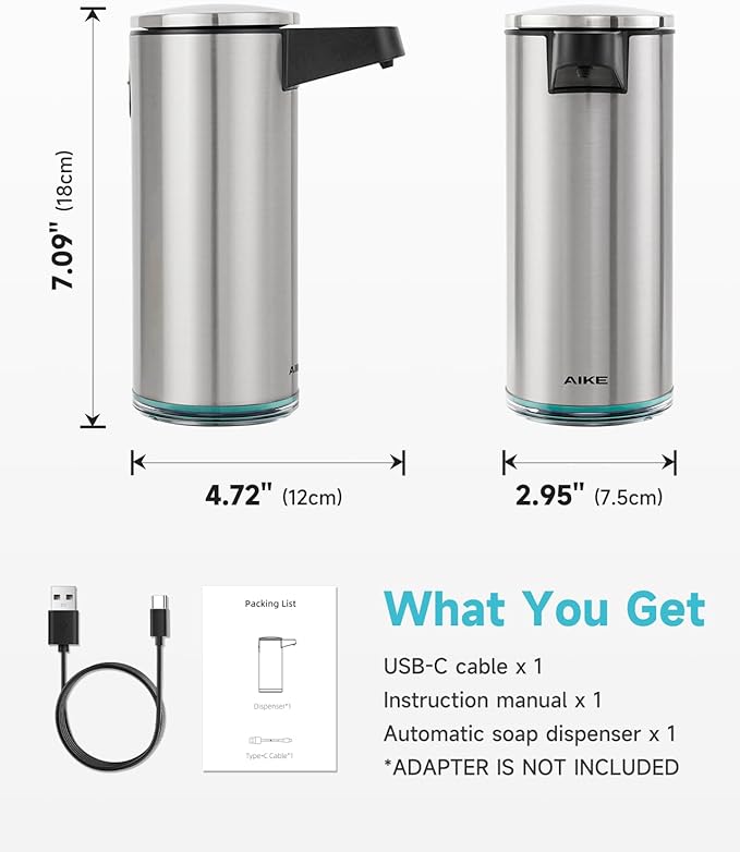AIKE SensePro Automatic Soap Dispenser Type-C Rechargeable, Brushed Stainless