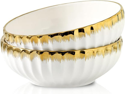 LETAOTAO Serving Bowls, 10 inch Extra Large Salad Bowl Set of 2, Ceramic Bowl with Gold Trim, Kitchen Decorative Bowls Porcelain Mixing Bowls for Salad, Soup, Pasta and Dinner