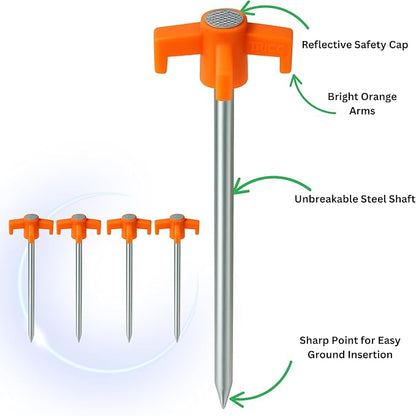 Tricc Unbreakable Heavy Duty Steel Tent/Canopy Stakes, Galvanized Non-Rust 10" Three Pegged Solid, Sturdy Stakes for Outdoor Trips, Camping, Hiking & Gardening. 4 Colors Made in The USA (Orange)