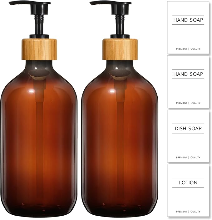KASUNTING Amber Soap Dispenser Plastic, 17 Fl Oz Hand and Dish Dispenser Set