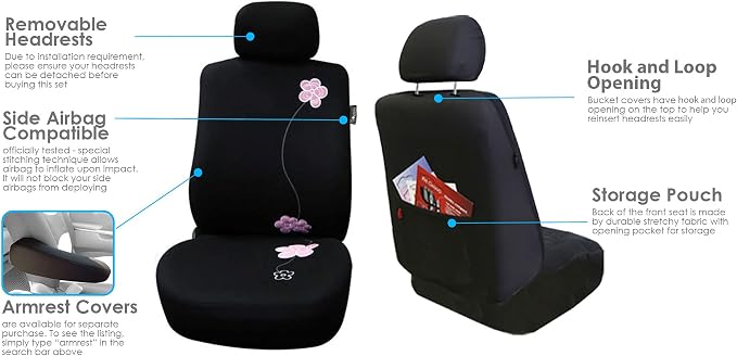 FH Group Full Set Cloth Car Seat Covers, Universal Fit, Low Back Front Seat Covers, Airbag Compatible, Split Bench Rear Seat, Washable Seat Cover For SUV, Sedan, Van, Black