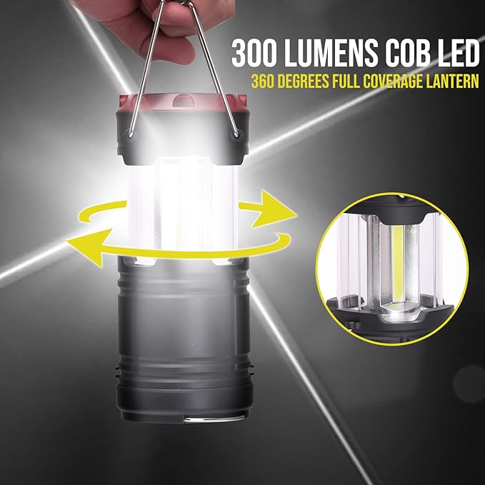 Lichamp Collapsible 2-Pack Camping Lanterns, 300LM COB Light & 150LM Flashlight with Red Strobe/SOS, Magnetic Base, Battery-Powered for Hiking, Power Outages and Emergency