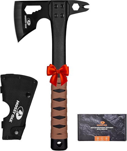 MOSSY OAK 12" Camping Axe and Survival Hatchet with Sheath, Compact Outdoor Multitool Hatchet with Hex Wrench Slots, Non-Slip Dual-Color Handle, Small Camping Gear for Hiking, Chopping, Hunting
