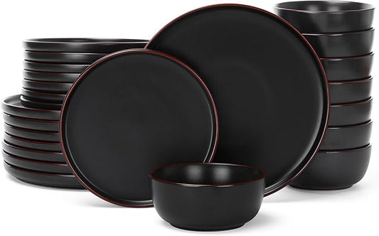 Famiware Mercury 24 Pieces Dinnerware Sets, Plates and Bowls Sets for 8, Microwave and Dishwasher Safe Dish Set, Black