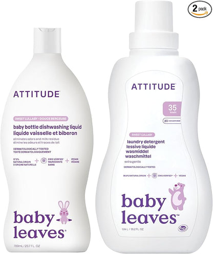 Bundle of ATTITUDE Baby Bottle and Dishwashing Liquid, EWG Verified, Vegan, Sweet Lullaby, 23.7 Fl Oz + Baby Laundry Detergent, EWG Verified, HE Compatible, Sweet Lullaby, 35 Loads, 1.05 Liters