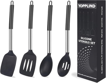 Silicone Kitchen Cooking Utensils Set 5-Piece BPA-Free Heat-Resistant Non-Stick & Dishwasher-Safe, with Slotted/Solid Spoons & Spatulas for Frying,Draining – Includes Multi-Purpose Serving Hook(Black)