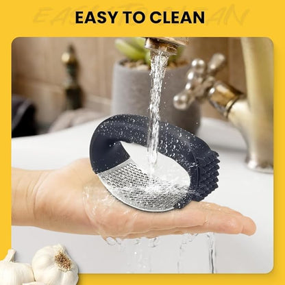 Garlic Press Rocker Stainless Steel, Garlic Crusher with Peeler & Cleaning Brush, Easy to Use Garlic Mincer for Kitchen Cooking, Ergonomic Garlic Chopper Tool, Durable Garlic Presser Gadget (Green)