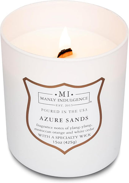 Manly Indulgence Azure Sands Scented Candles for Men, 15 oz Wooden Wick, Premium Soy Blend Wax, 60H Burn, Candles for Home Scented - Made in The USA