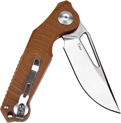 Harnds Time Folding Knife with Sandvik 14C28N Steel Blade Pocket Knife with G10 Handle Camping Knife with Pocket Clip (Brown)