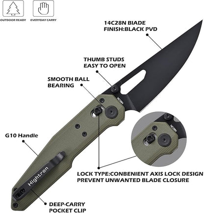 Hightron Sharplyn Folding Knife, 3.6" 14C28N Steel Blade with Black PVD OD Green G10 Handle Pocket Knife with Pocket Clip for Men Women Lightweight EDC Knives for Outdoor