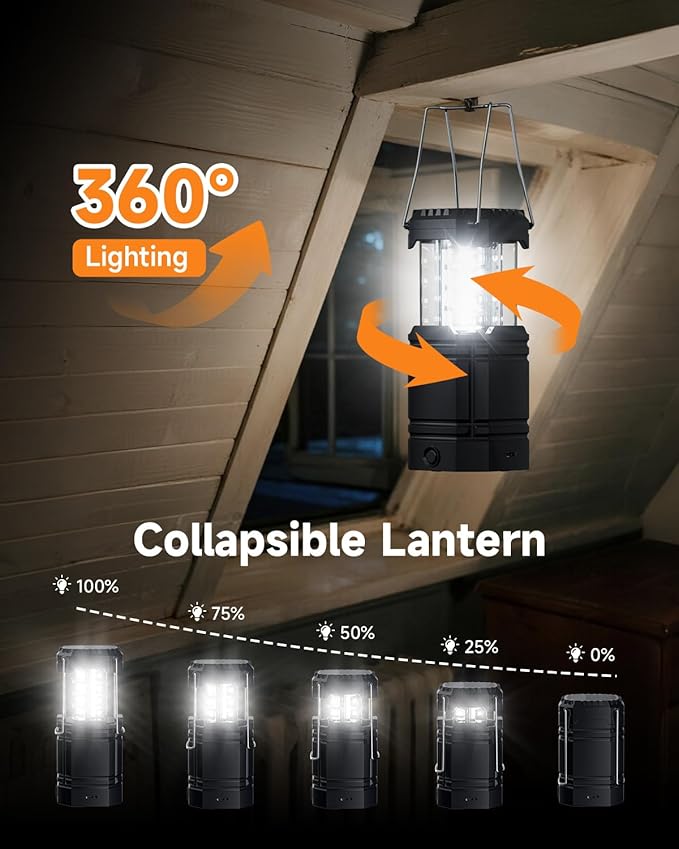 Solar Camping Lantern 4 Pack, Rechargeable LED Lantern with Flashlight, USB-C & Solar Powered, Collapsible Emergency Lights for Hurricane, Power Outages, Outdoor Use