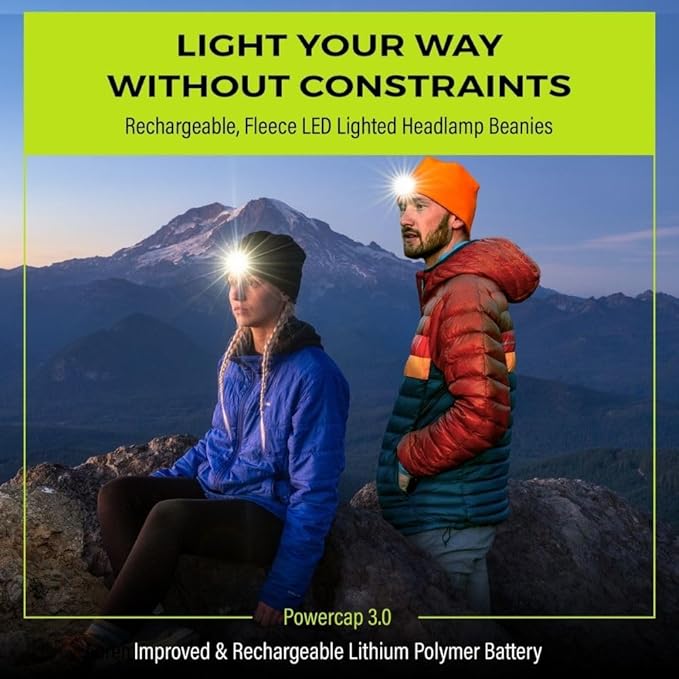 POWERCAP LED Hat Light 150 Lumens Rechargeable Fleece Beanie with Bright Built-in Headlamp Waterproof LED Warm One Size Cap (US, Alpha, One Size, Blaze Orange 3.0)