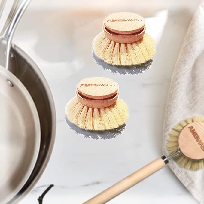 AMERWASH PLUS Classic Dish Brush Replacement Head 3 Packs, Natural Bristle