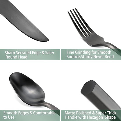 DEACORY Silverware Set Flatware Set Matte Black Cutlery Set Brushed Finished Hexagon Handle Heavy Stainless Steel 40 Pieces Dishwasher Safe Service for 8