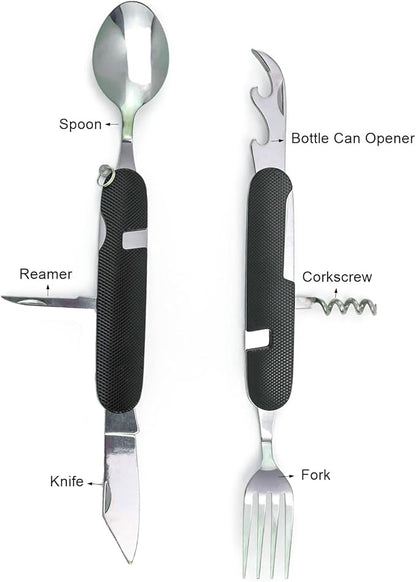 Cluck 6-in-1 Multi-Function Camping Utensil Flatware Set Detachable Spoon Fork Knife Combo Mess Kit with Carrying Pouch (Gold + Black)