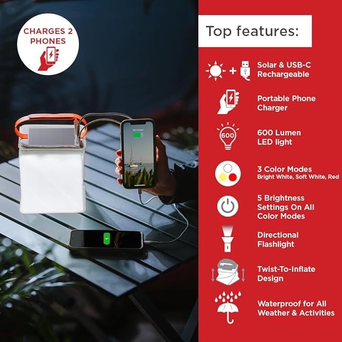 LuminAID Survivor Solar Lantern with Dual Phone Charger - Inflatable LED Lamp for Camping, Hiking and Travel - Emergency Light for Power Outages, Hurricane, Survival Kits