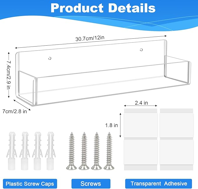 Acrylic Spice Rack Wall Mount-12 Inch, 4 Pack Hanging Seasoning Rack Organizer