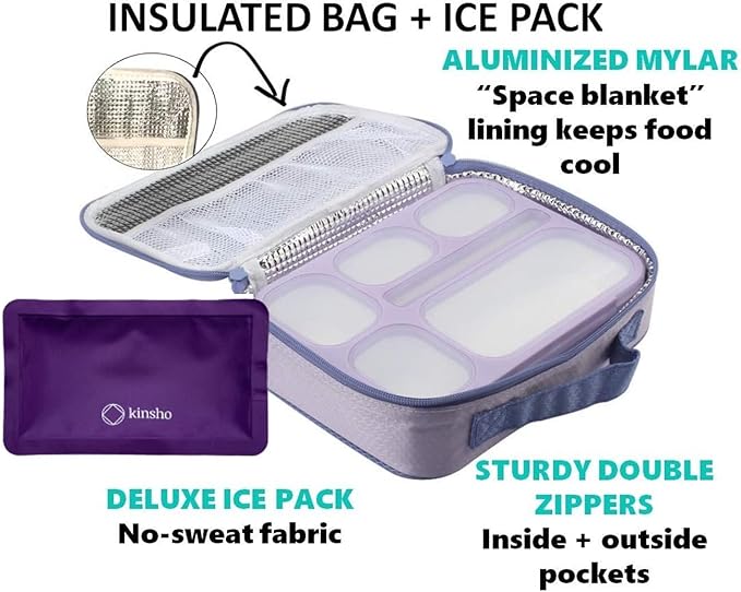 Bento Box with Bag and Ice Pack Set for Kids. Lunch Boxes Snack Containers for Boys Girls Adults. 6 Compartments, Leak-proof Portion Container Boxes Insulated Bags for School Lunches, BPA Free, Purple