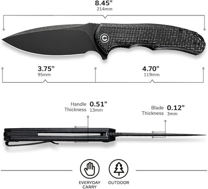 CIVIVI Folding Pocket Knife- Praxis Flipper Liner Lock Knife, 3.75" Black Stonewashed Blade with Micarta Handles, Reversible Clip for Everyday Carry Outdoor Use C803G