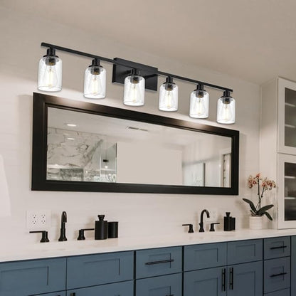 WINSHEN 6-Light Seeded Glass Vanity Light Fixtures in Matte Black Finish