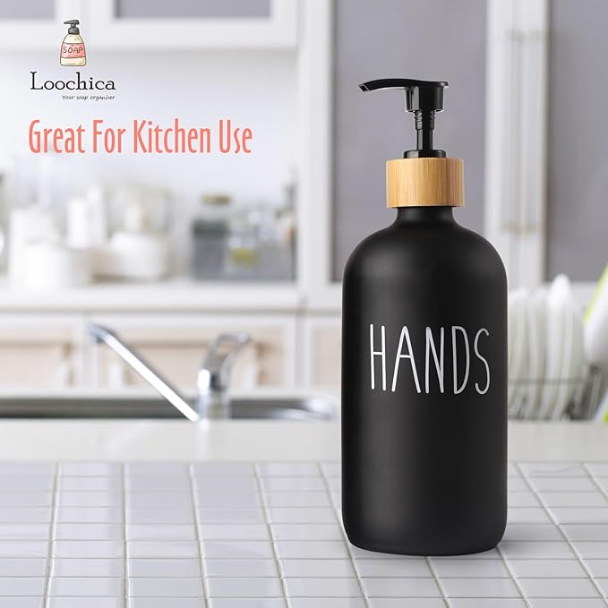 LOOCHICA Black Glass Kitchen Soap Dispenser, Detergent Dispenser or Hands Soap