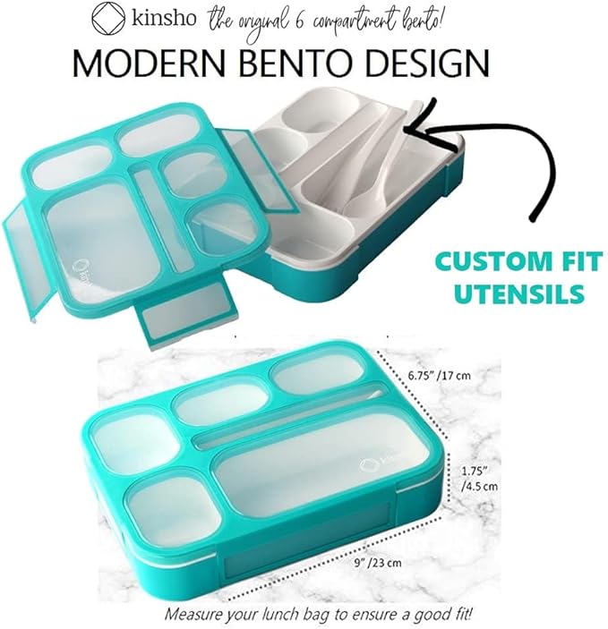 Bento Box Lunch-Box with Bag and Ice Pack, Insulated Lunch Bag and Snack Container Set for Kids Boys Girls Adults. 6 Compartments, Divided Portion Containers, Boxes for School Lunches, Teal