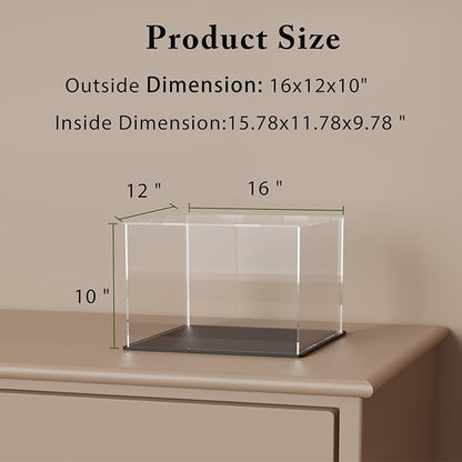 SVENJBB Large Display Case for Collectibles, 16x12x10 Inch Acrylic Box for Miniature House and Figures, Clear Acrylic Display Cases with Matte Black Base for Collection Protection and Storage