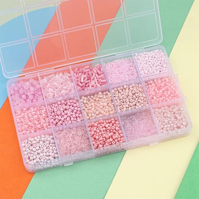 15 Color 4mm Small Assorted Glass Seed Beads,3mm Bugle Beads Friendship Bracelet Kit,2mm Tiny Tube Bead for Jewelry Making(Pink)