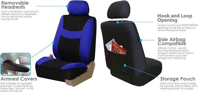 FH Group Automotive Seat Covers Light & Breezy Flat Cloth Full Set - Universal Car, Truck, SUV, or Van (Blue/Black) FB030115