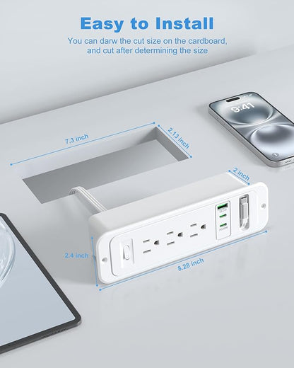 Recessed Power Strip with Retractable USB C Cable, 2 PD 20W USB C, Flush Mount