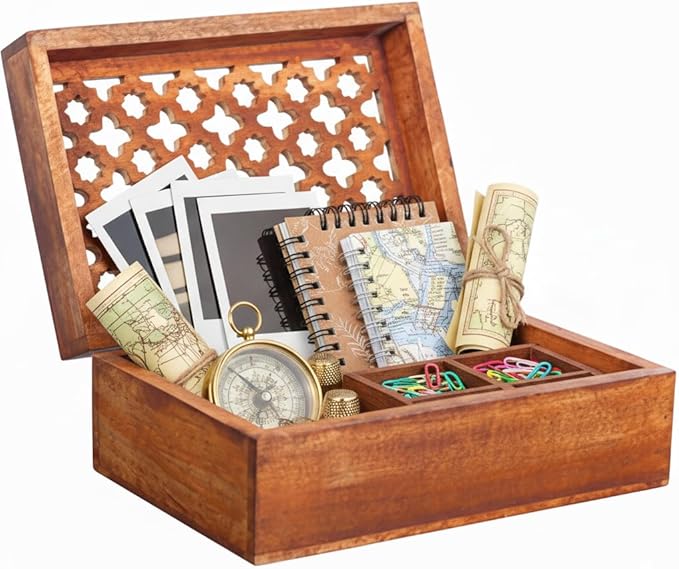 Mela Artisans Wooden Keepsake Box | Medium Polish Mango Wood Memory & Photo Storage Box with Hinged Lid | Decorative Storage Box | Extra Large | 10.5x7.5x4 Inch