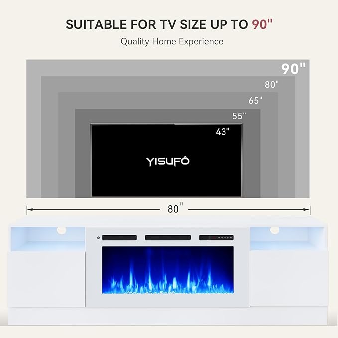 YISUFO 80” TV Stand with 36” Electric Fireplace, Large Modern Media