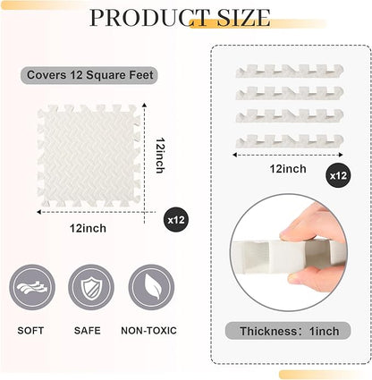 12 Tiles 12x12x1 inch EVA Interlocking Foam Floor Tiles Puzzle Exercise Mat Play Foam Mats for Boys Girls Baby Pets Home Classroom Nursery Gym (White)