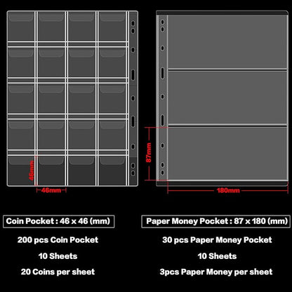 Coin Collection Book Holder for Collectors, 200 Pockets Coins Collecting Album & 30 Sleeves Paper Money Display Storage Case for Currency Collection Supplies (200+30 paper money binder)-Blue