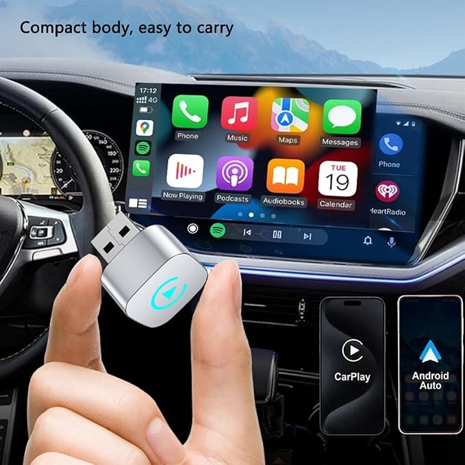 Car Wireless CarPlay Adapter for Abarth 500e 2023-2024 2-in-1 Support Apple CarPlay and Android Auto Mini USB Design Fast Connection Plug and Play,Black