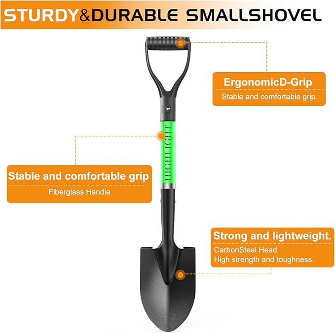 HIGHLIGHT Kids Shovel, Small Shovels for Digging, Overall Length 28 Inches, Mini D Handle, Gardening Shovel, Metal Beach Shovel, Camping, Snow, Fiberglass Handle, Green