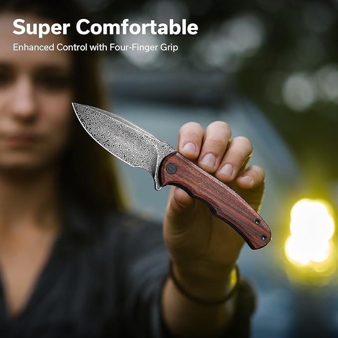 CIVIVI Folding Pocket Knife for EDC, Small Mini Praxis Knife for Men Women, 2.98" Damascus Blade Guibourtia Wood Handle, Sharp Camping Hiking Knives C18026C-DS1