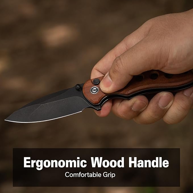 CIVIVI Triptych Folding Pocket Knife, 2.97" 14C28N Blade Wood Handle with Reversible Clip, Button Lock Knife for EDC Camping Hiking C23085B-3