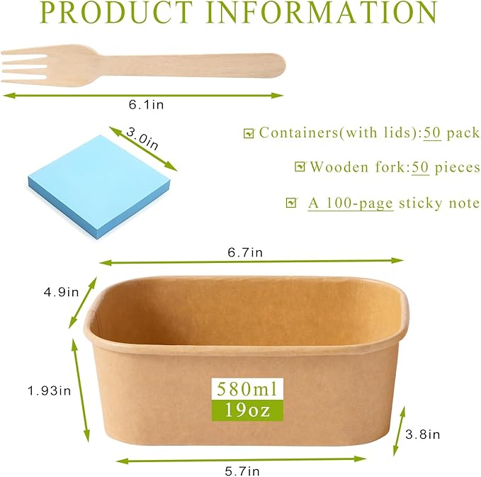 MINCOCO 50 Count Paper Bowls Disposable Meal Prep Containers with Lids【Includes 50 Wooden Forks + 100 Labels】 Salad Food Containers Freezer & Microwave Safe Leakproof Soup Bowls (19 Ounce, 50-Count)